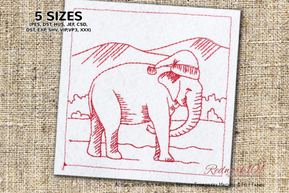 Christmas Elephant with Hat Redwork