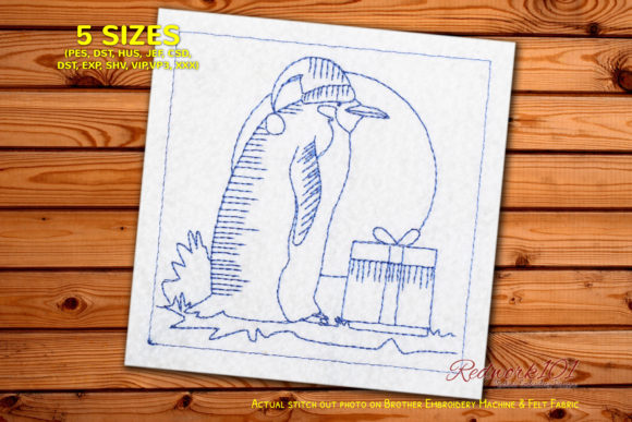 Christmas Penguin with Gift Redwork