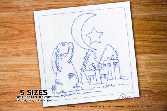 Christmas Rabbit and Moon Redwork