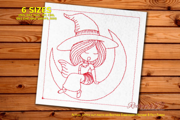 Fancy Witch Sitting on the Moon Redwork